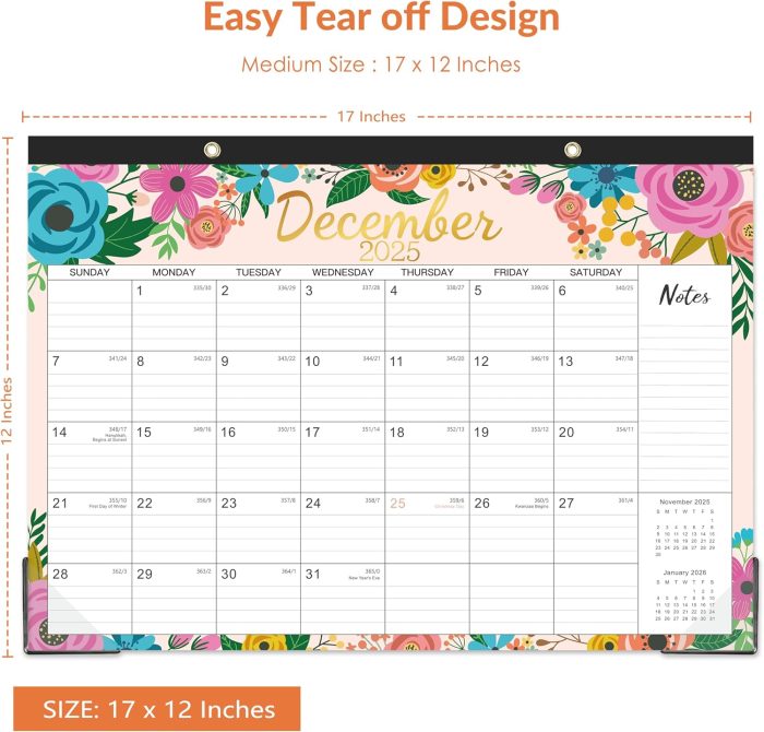 2025-2026 Desk Calendar - Desk Calendar 2025-2026 from JUL.2025 - DEC.2026, 17" x 12", 18 Monthly Desk/Wall Calendar 2-in-1, Thick Paper with 2 Corner Protectors, Large Unruled Blocks - Blue Floral - Image 3