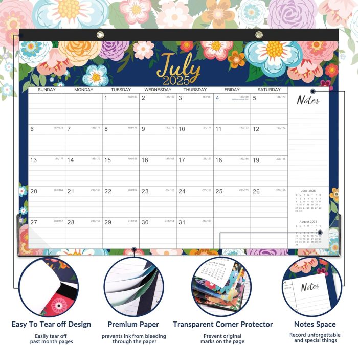 2025-2026 Desk Calendar - Desk Calendar 2025-2026 from JUL.2025 - DEC.2026, 17" x 12", 18 Monthly Desk/Wall Calendar 2-in-1, Thick Paper with 2 Corner Protectors, Large Unruled Blocks - Blue Floral - Image 4