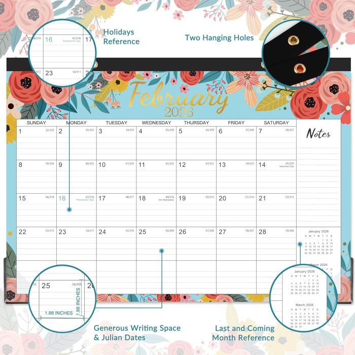 2025-2026 Desk Calendar - Desk Calendar 2025-2026 from JUL.2025 - DEC.2026, 17" x 12", 18 Monthly Desk/Wall Calendar 2-in-1, Thick Paper with 2 Corner Protectors, Large Unruled Blocks - Blue Floral - Image 5