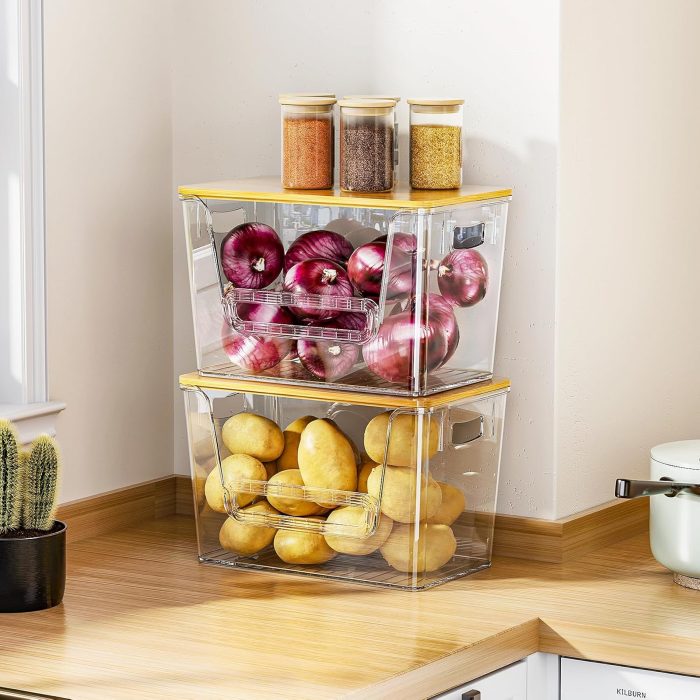 Delamu 2 Set Pantry organizers and Storage, kitchen organizers and storage with Bamboo Top, Stackable Kitchen Pantry bin for Onion,Potato,Fruits,Produce,Vegetable - Image 2
