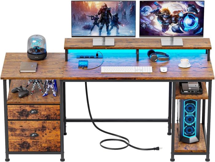 Furologee 61" Computer Desk with Power Outlet and LED Lights, Desk with Fabric File Cabinet Drawer, Large Reversible Table with Shelves and Monitor Stand, Writing Study Table for Home Office