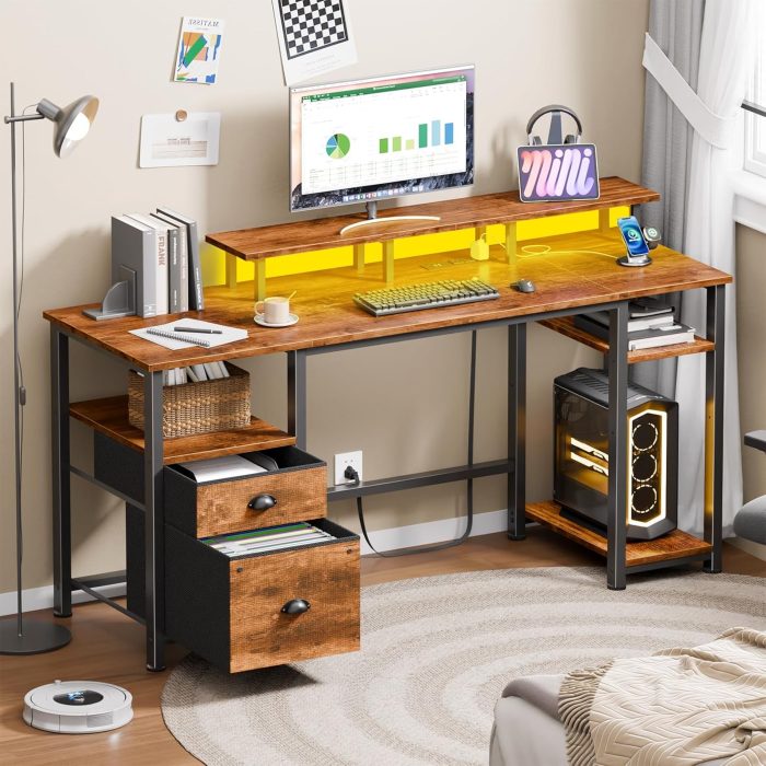 Furologee 61" Computer Desk with Power Outlet and LED Lights, Desk with Fabric File Cabinet Drawer, Large Reversible Table with Shelves and Monitor Stand, Writing Study Table for Home Office - Image 2