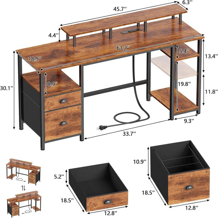 Furologee 61" Computer Desk with Power Outlet and LED Lights, Desk with Fabric File Cabinet Drawer, Large Reversible Table with Shelves and Monitor Stand, Writing Study Table for Home Office - Image 3