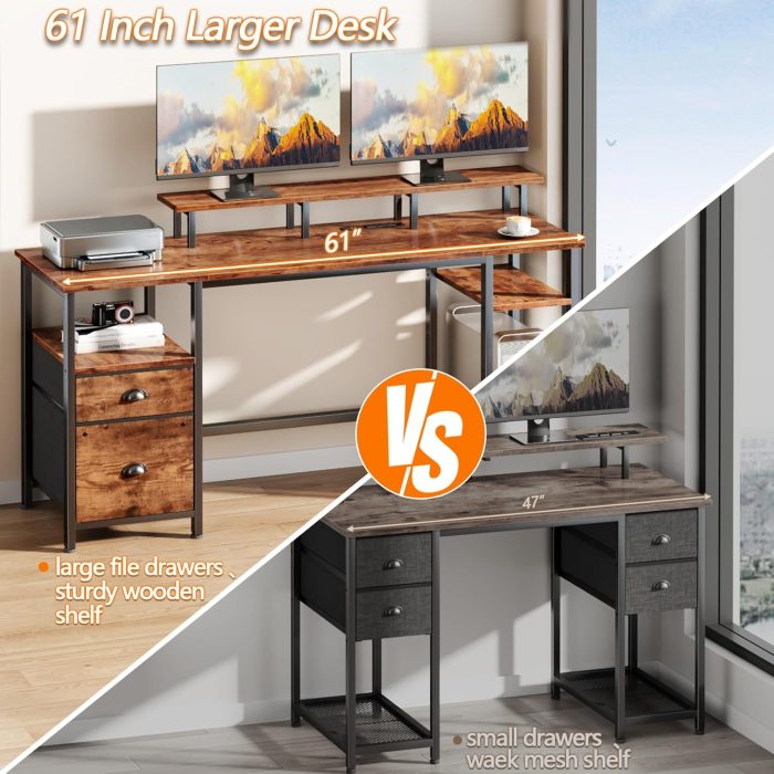 Furologee 61" Computer Desk with Power Outlet and LED Lights, Desk with Fabric File Cabinet Drawer, Large Reversible Table with Shelves and Monitor Stand, Writing Study Table for Home Office - Image 5