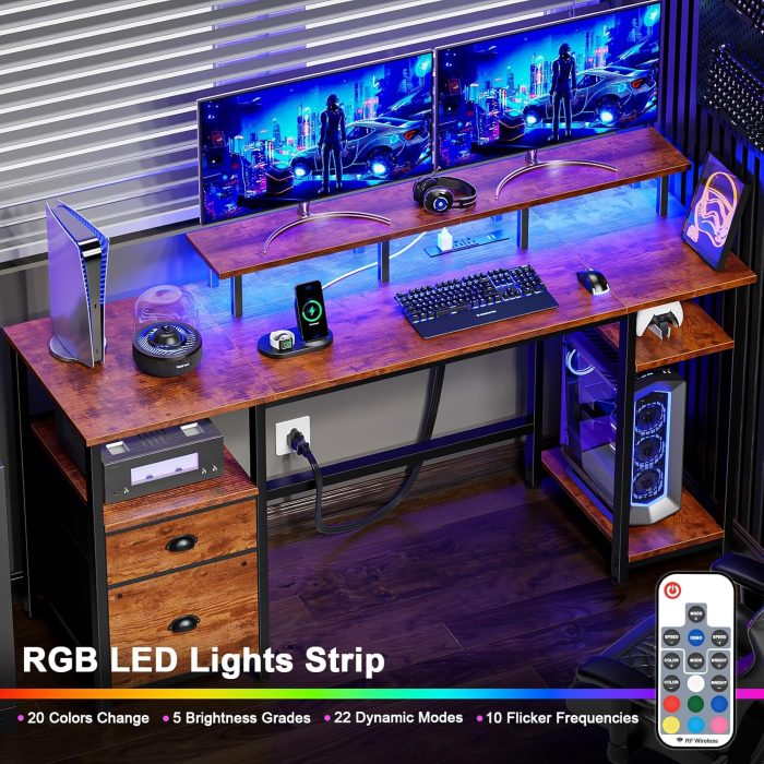 Furologee 61" Computer Desk with Power Outlet and LED Lights, Desk with Fabric File Cabinet Drawer, Large Reversible Table with Shelves and Monitor Stand, Writing Study Table for Home Office - Image 7