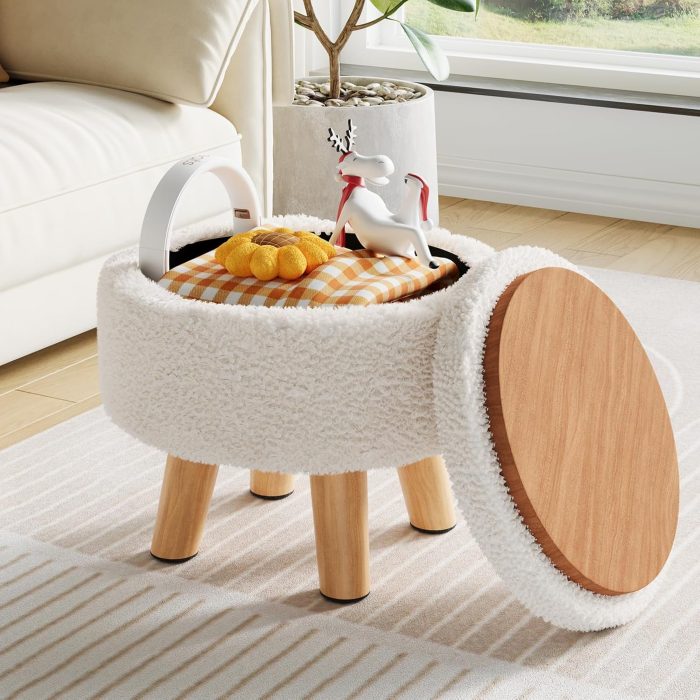 Small Ottoman Footrest, White Boucle Foot Stool, Round Pouf Ottoman with Storage, Teddy Velvet Foot Rest for Couch, Living Room, Nursery, Small Coffee Table Ottomans Stool