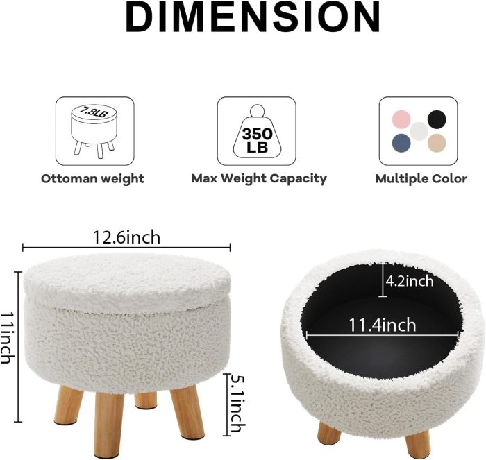 Small Ottoman Footrest, White Boucle Foot Stool, Round Pouf Ottoman with Storage, Teddy Velvet Foot Rest for Couch, Living Room, Nursery, Small Coffee Table Ottomans Stool - Image 2