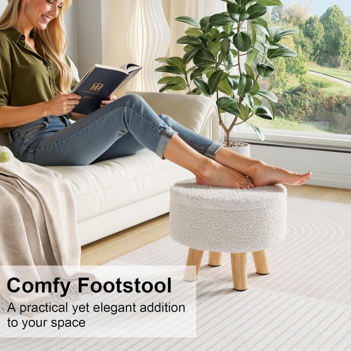 Small Ottoman Footrest, White Boucle Foot Stool, Round Pouf Ottoman with Storage, Teddy Velvet Foot Rest for Couch, Living Room, Nursery, Small Coffee Table Ottomans Stool - Image 3