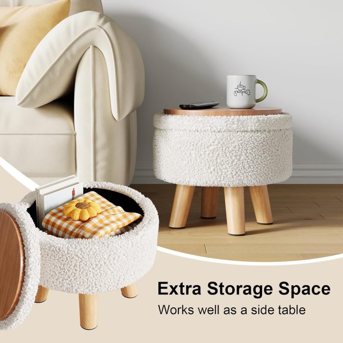 Small Ottoman Footrest, White Boucle Foot Stool, Round Pouf Ottoman with Storage, Teddy Velvet Foot Rest for Couch, Living Room, Nursery, Small Coffee Table Ottomans Stool - Image 4