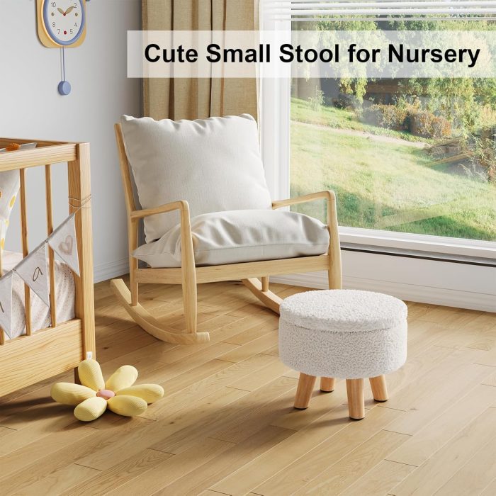 Small Ottoman Footrest, White Boucle Foot Stool, Round Pouf Ottoman with Storage, Teddy Velvet Foot Rest for Couch, Living Room, Nursery, Small Coffee Table Ottomans Stool - Image 5