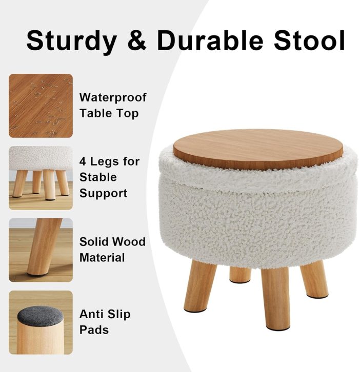Small Ottoman Footrest, White Boucle Foot Stool, Round Pouf Ottoman with Storage, Teddy Velvet Foot Rest for Couch, Living Room, Nursery, Small Coffee Table Ottomans Stool - Image 6