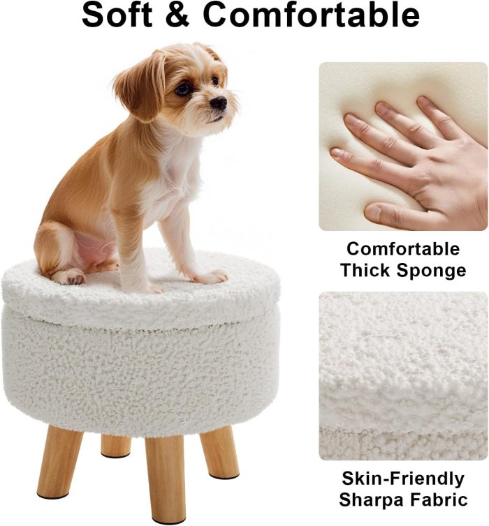 Small Ottoman Footrest, White Boucle Foot Stool, Round Pouf Ottoman with Storage, Teddy Velvet Foot Rest for Couch, Living Room, Nursery, Small Coffee Table Ottomans Stool - Image 7