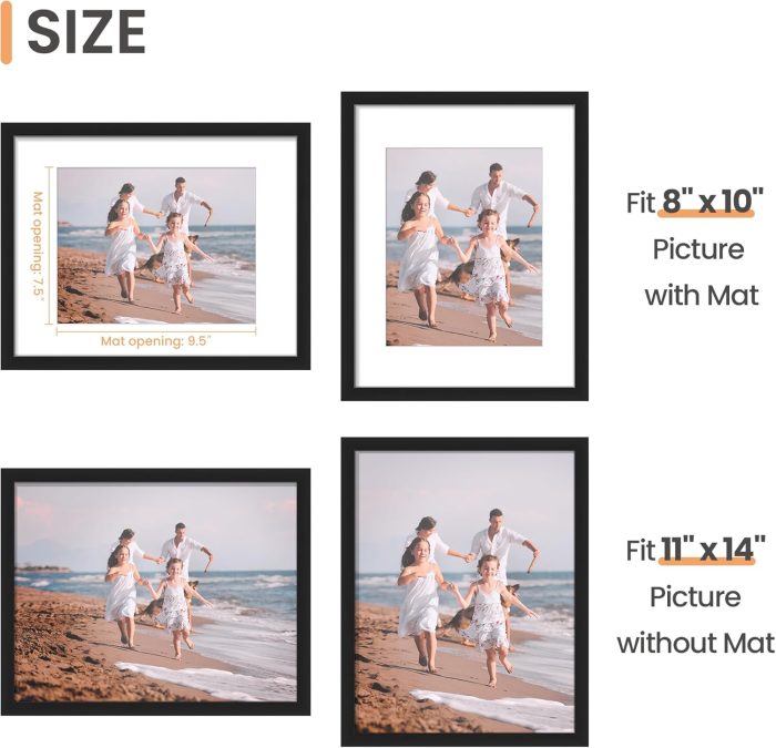 upsimples 11x14 Picture Frame, Display Pictures 8x10 with Mat or 11x14 Without Mat, Wall Hanging Photo Frame, Black, 1 Pack - Image 3